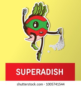 Super Radish: Cartoon vector hand drawn illustration