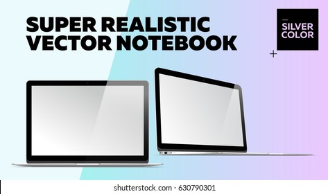 Super Realistic Vector Notebook with Blank Screen. Silver Color. Isolated Mockup with Thin Laptop for Web, Website, User Interface. Front and Side View, Macbook Style.