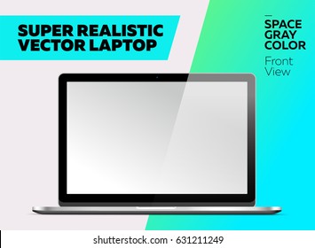 Super Realistic Vector Notebook with Blank Screen. Space Gray Color. Isolated Mockup with Laptop for Web, Website, User Interface. Front View.