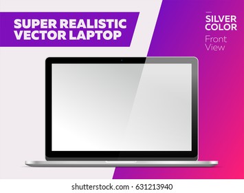 Super Realistic Vector Notebook with Blank Screen. Silver Color. Isolated Mockup with Laptop for Web, Website, User Interface. Front View.