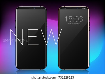 Super Realistic Vector Phone with Blank Screen. Black and Gold Color. Isolated Mockup. Concept of Smartphone with Thin Edges and Glass Design. Mock Up on Bright Holographic Gradient. Front View.