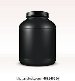 Super realistic vector sport nutrition container without label. Whey protein and mass gainer black plastic jar isolated on white background.