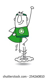 Super recycling hero in action. Super Recycling Hero is flying away quickly! It's an emergency. He can help your company to recycling her wastes !