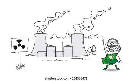 Super recycling hero and the nuclear plant. Be careful! This area is radioactive and prohibited. The nuclear plant has a big problem.