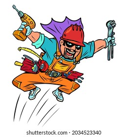 super repairman male, carpenter plumber. A professional with working tools