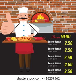 Super Restaurant cafe menu, template design. Food flyer with flat color design. Wood oven fire. Cook showing pizza and thumbs up. 