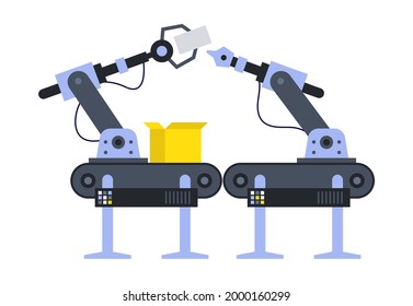 Super robotic conveyor flat design vector illustration. Robot, fully automative producer, concept for warehouses and fast delivery business. 