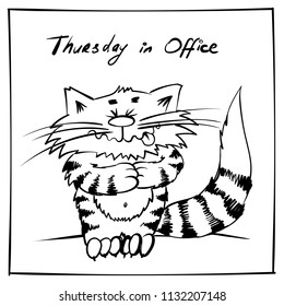 Super sad office cat. Standing on back paw kitty. infantile outline sketch cat with big striped tail for coloring book. Cat with closed eyes for print. Doodle  cartoon office thursday tom cat 