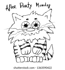 Super sad tired stripe cat. Sitting with big eyes kitty. infantile outline sketch pet  for coloring book. Hand drawn monday after party mornint animal for print. Doodle  cartoon feline