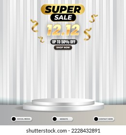 super sale 12.12 of december social media template banner post with blank space 3d podium for product sale with gradient white and grey background