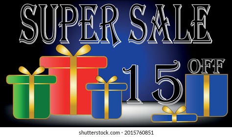 Super sale 15% off. Red, blue, green, black. Discount banner with gift symbols. vector with title and gift box for promotions and discounts.