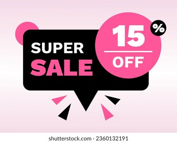 super sale 15% percent off discount, stripe, price balloon, banner, square black and pink neon