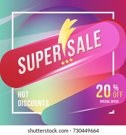 Super sale 20% discount square poster format and flyer. Template for design advertising and banner on colour background. Flat vector illustration EPS 10