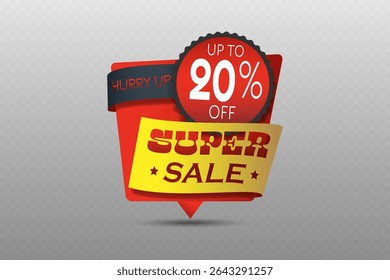 Super sale with up to 20 percent off red and yellow ribbon badge with shadow effect.
