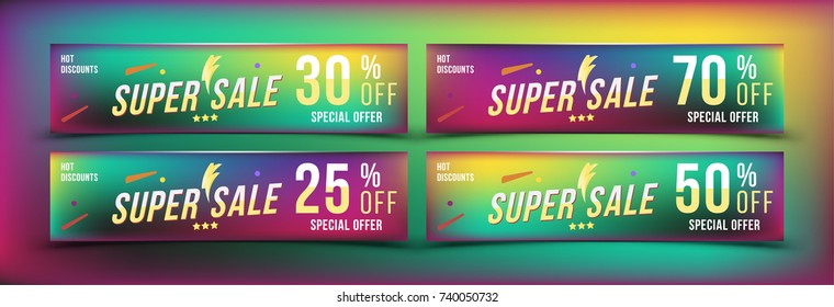 Super Sale  25% - 70% off discount. Set banners in horizontal format. Special offer, template for print and web advertising. Poster and flyer on colour background. Flat vector illustration EPS 10.
