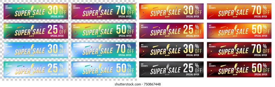 Super Sale  25% - 70% off discount. Set banners in horizontal format. Special offer, template for print and web advertising. Poster and flyer on colour background. Flat vector illustration EPS 10.