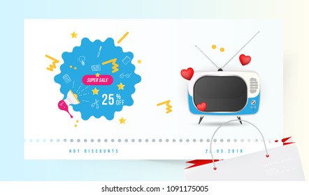 Super sale 25% off. The concept for big discounts with doodle icon, a retro TV and red hearts on a light background. Flat vector illustration EPS10.