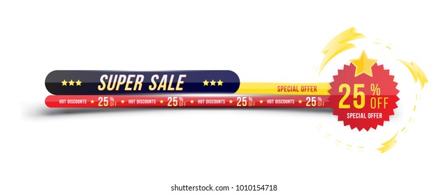 Super sale 25% off discount. Banner with shadow in horizontal format with sticker on white background. Big discount, template for print advertising and web banner. Flat vector illustration EPS 10.