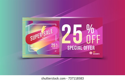 Super sale 25% off discount bright rectangular poster format and flyer. Template for design advertising and banner on colour background. Flat vector illustration EPS 10