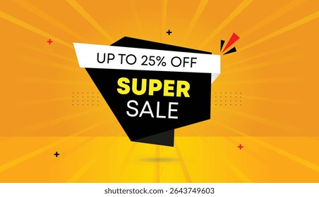 Super sale up to 25% off editable web banner vector label icon template design with black white yellow orange gradient shapes business abstract background 4k resolution perfect for promotions