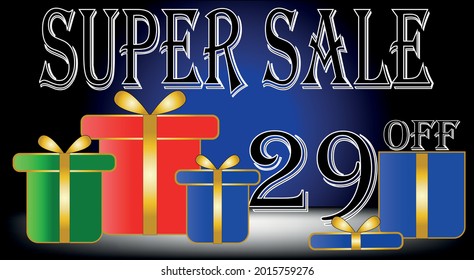Super sale 29% off. Red, blue, green, black. Discount banner with gift symbols. vector with title and gift box for promotions and discounts.