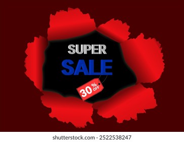 Super venda 30% off. banner design de arte vetorial. atraente com um fundo vermelho ousado, perfeito para materiais promocionais.