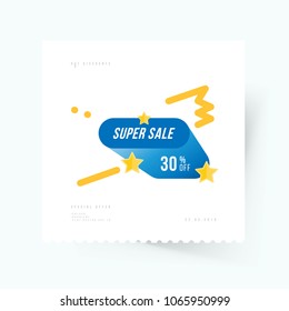 Super sale 30% off discount. Banner template for design advertising and poster on light background with shadow. Flat vector illustration EPS 10.