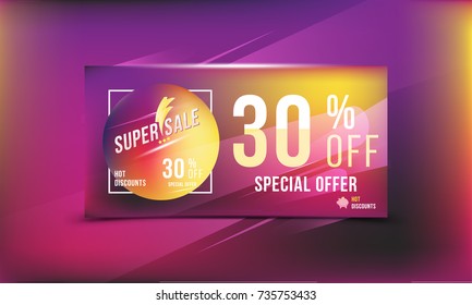 Super sale 30% off discount bright rectangular poster format and flyer. Template for design advertising and banner on colour background. Flat vector illustration EPS 10