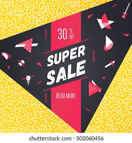 Super Sale, 30% off, modern banner in the Memphis style.