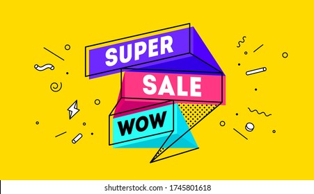 Super Sale. 3d sale banner with text Super Sale for emotion, motivation. Modern 3d colorful web template on black backdrop. Design elements for sale, discount. Vector Illustration