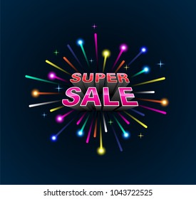 Super Sale 3D with colour lights explode. Vector illustration for promotion discount sale advertising.