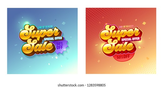 Super Sale 3d Golden Typography Banner Set. Special Offer Promotion Price Gold Gradient Poster Design for Casino or Game. Digital Advertising Shiny Badge. Free Badge Layout Vector Illustration