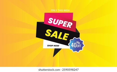 Super Sale 40% off Banner Template Design Editable EPS Format Colorful Yellow Background with Gradient Pink, White and Black Shapes Bold Text for Your Business.