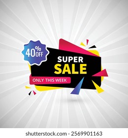 Super Sale 40% off Only This Week Banner Design Vector Illustration. Super sale Poster Or Discount Tag For Web Media And Market. Super Sale creative Black Color and gradients banner illustration.