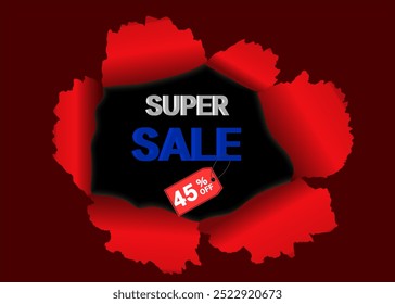 Super sale 45% off. banner vector art design. eye-catching with a bold red background, perfect for promotional materials..