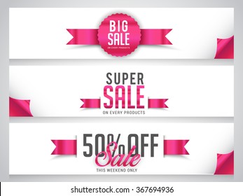 Super Sale with 50% discount and big offer with shiny pink ribbon, website header or banner set.