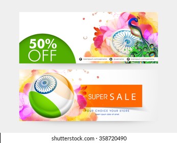 Super Sale with 50% Discount Offer, Creative website header or banner set with beautiful ornaments for Indian Republic Day celebration.