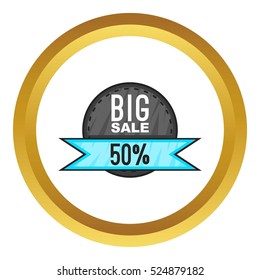Super sale with 50 discount vector icon in golden circle, cartoon style isolated on white background