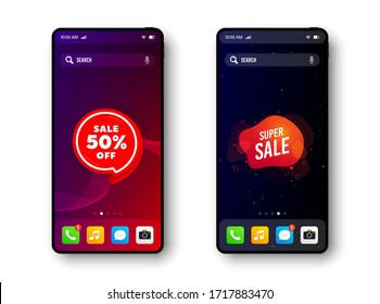 Super sale and 50% discounts. Smartphone screen banner. Discount offer badge. Mobile phone screen interface. Smartphone display promotion template. Online application banner. Vector