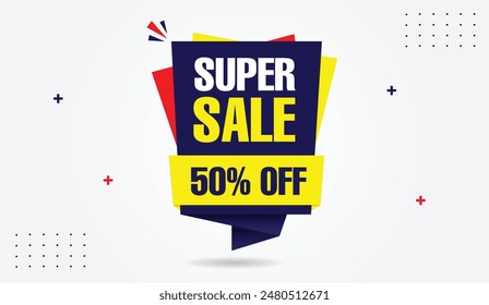 Super Sale 50% Off banner template design with a clean white background perfect for attracting customers with its sleek and modern look.