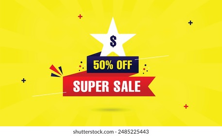 $ Super Sale 50% Off banner template design with yellow background perfect for showcasing amazing discounts. #banner #super #sale