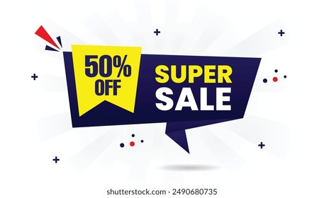 Super sale 50% off banner template design with white background, blue and yellow shapes, perfect vector art for eye-catching promotions and sales events.