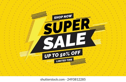 Super Sale 50% off banner template with Yellow background and dynamic yellow and black shapes, with shop now and upto 50% off text