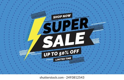 Super Sale 50% off banner template with Yellow background and dynamic blue and black shapes, with shop now and upto 50% off text