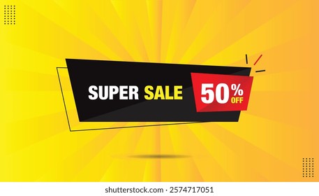 Super Sale 50% Off Banner Template - Editable EPS format. Bold black shine and red gradient shapes on a vibrant yellow-orange gradient background. Perfect for eye-catching promotional designs