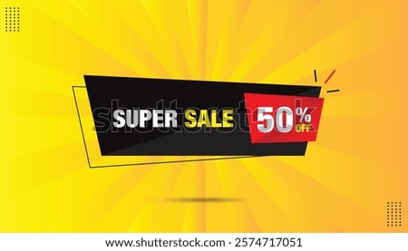 Super Sale 50% Off Banner Template - Editable EPS format. Bold black shine and red gradient shapes on a vibrant yellow-orange gradient background. Perfect for eye-catching promotional designs