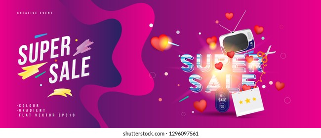 Super sale of 50% off. The concept for big discounts with voluminous text, a retro TV and red hearts on a pink background with light effects. Flat vector illustration EPS10.