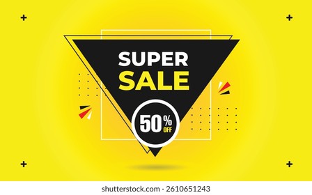 Super sale 50% off editable business banner template design featuring black red blue white shapes on yellow gradient background vector art illustration perfect for marketing promotion advertisement