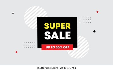 Super sale up to 50% off editable web banner template vector art illustration design with modern black red gradient shapes on white light gray background unique minimal trendy promotional graphic