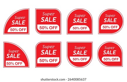Super Sale 50% Off Labels – Red Corner and Rounded Sale Sticker Set for Promotion and Discount Ads